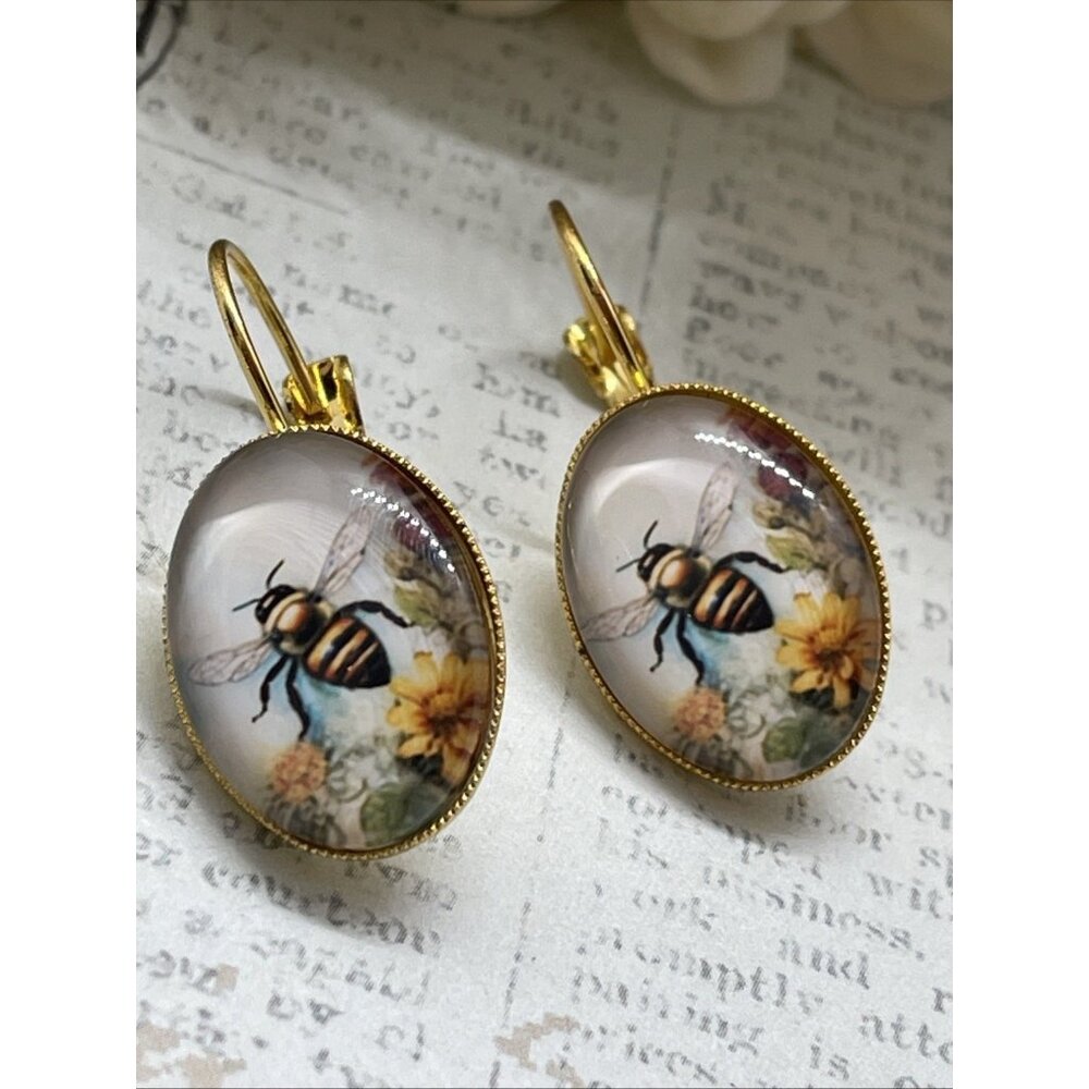 Bumble Honey Bee Keeper Garden Sunflower Gold Boutique Wire Earrings Wedding